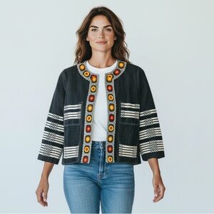 Anna Sui Black Denim Jacket, Fully Lined, Pockets,  Embroidery that Pops